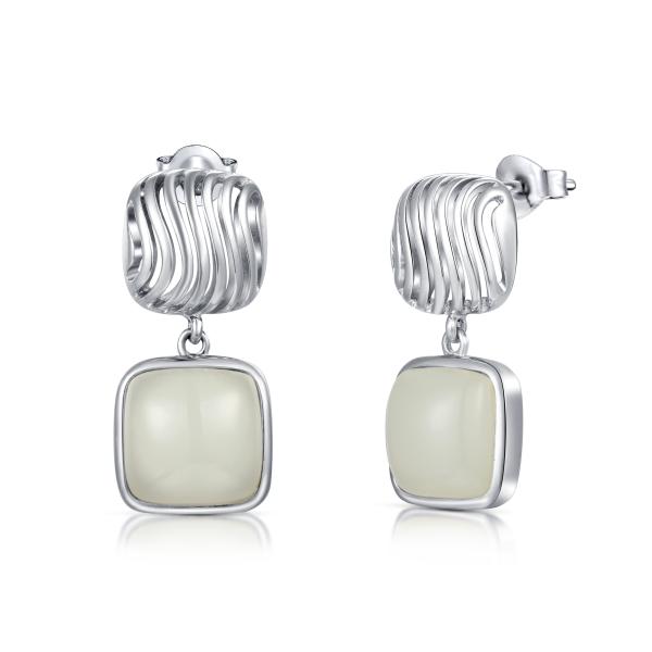 10x10mm Cushion White Jade Stud Earrings 925 Silver Minimalist Style