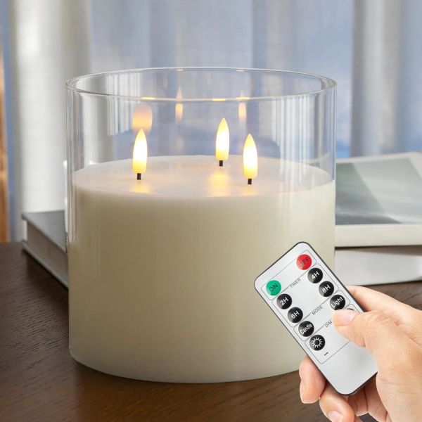 6X10'' Extra Large Flameless Glass Real Wax Battery Operated LED Candle with 3 Wicks Remote Control and Timer, White