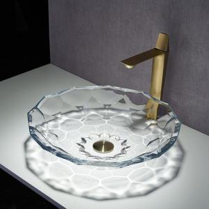 Cheap Shinning Glass Wash Basin Transparent Faceted Shape Bathroom Sink Basin for sale