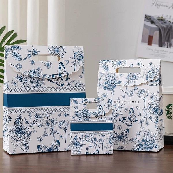 Floral Printed Paper Gift Bags with Die Cut Handle and Flap Top