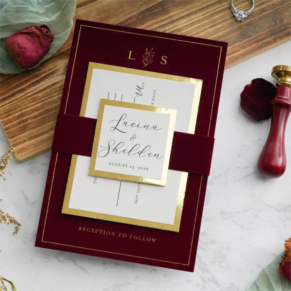 Wedding Invitation Cards Burgundy Velvet Envelope Gold Foil Print Velvet Wedding Invitation Cards