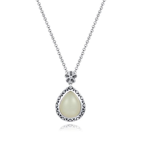Flower Lock Carved White Jade Pendant 12x15mm Pear Shaped Silver Stone Pendant