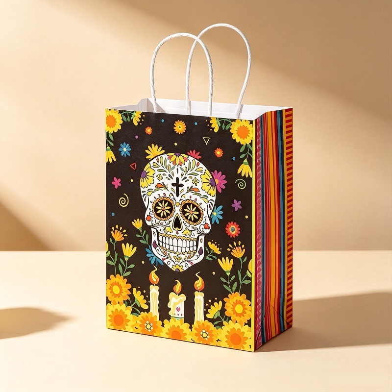 Calavera motif paper treat bags for ofrenda with twisted handles