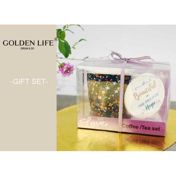 360ml Capacity Ceramic Gift Set Secret Garden Purple Flowers With Lid Pvc