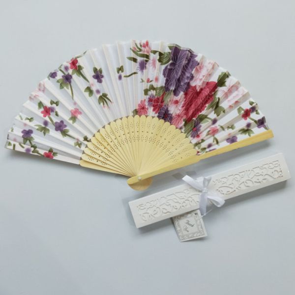 [I AM YOUR FANS]Japanese White Satin Floral Design Fabric Bamboo Frame Wedding Souvenirs Hand Fan