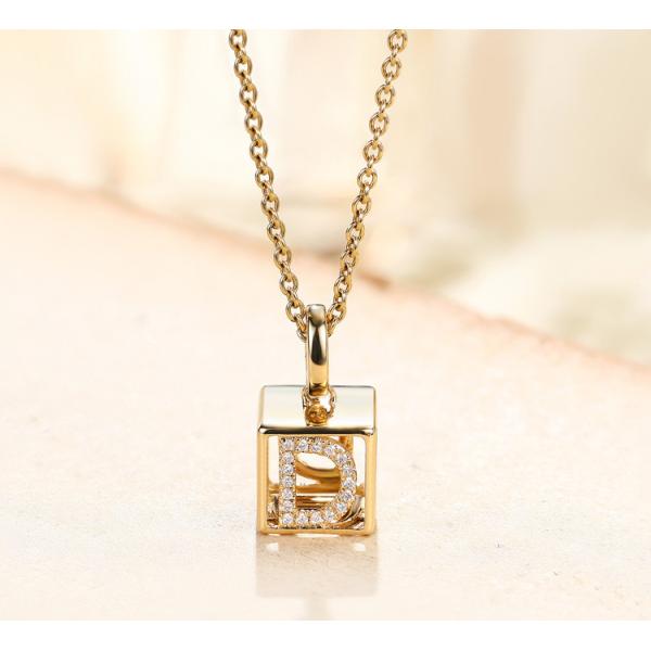 0.03ct 18K Yellow Gold Diamond Necklace A-Z Initials 3D Cube