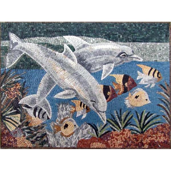 Blue Sea White Dolphins Mosaic Art Patterns Medallion Fish Border Marble Mosaic Tile