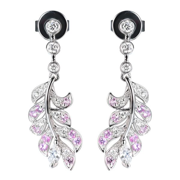 Feather Stud Sterling Silver 18k White Gold Diamond Earrings For Women