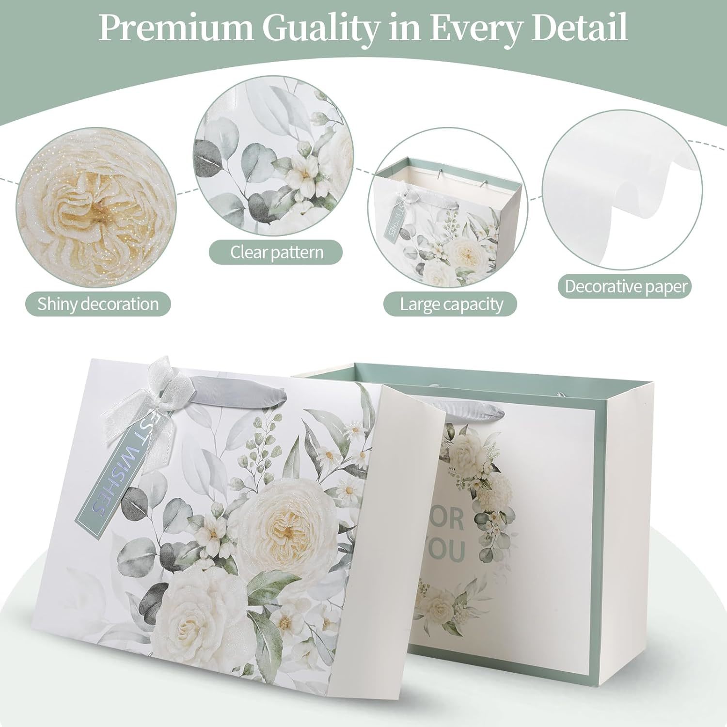 Floral Gift Bag Set With Ribbon Handles And Greeting Card For Luxury Retail Packaging