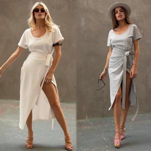 Cheap Clothing Fashion Women White T-shirt Wrap Midi Dress with Slit for sale