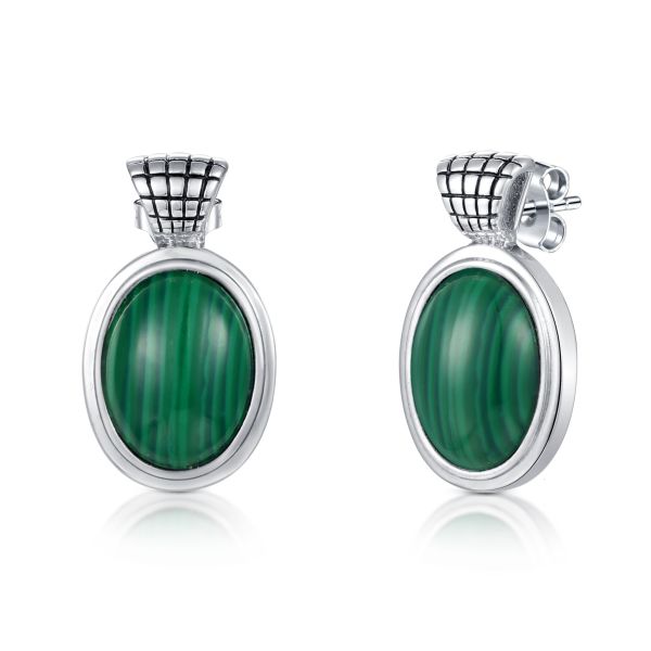 Oval Shape Malachite Stud Earrings 4.75gram 925 Silver Micropave Technology