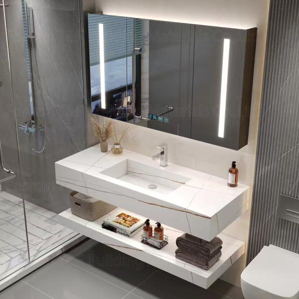 Oem Bathroom Vanity Units Sintered Stone Countertop Basin Led Mirror Storage Cabinets