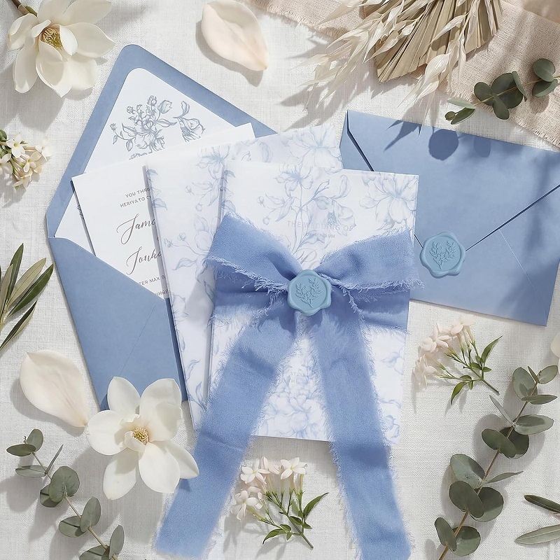 Custom vellum jacket wedding invitation cards with wax seal and ribbon