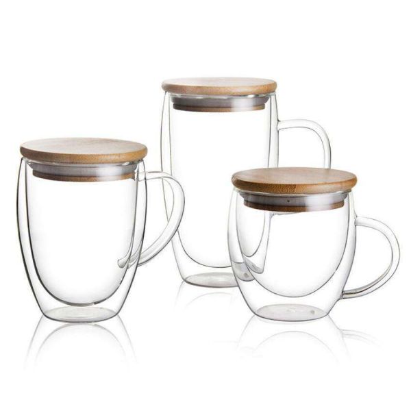 Handmade High Borosilicate Insulated Clear Glass Drinking Mug Double Wall Glass Coffee Tea Cup With Bamboo Lid Handle