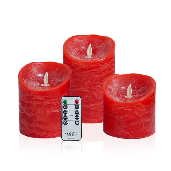 Set of 3 (3 x 4,5,6) Flameless LED Flickering Battery Candle Moving Flame Pillar Melted Edge Real Wax  (Bright Red)