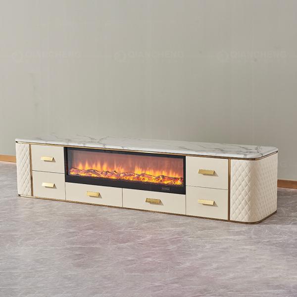 White Beige MDF Stainless Steel TV Stand 78 Inch Faux Stone Media Unit 4 Doors Open Compartment Curved Corners