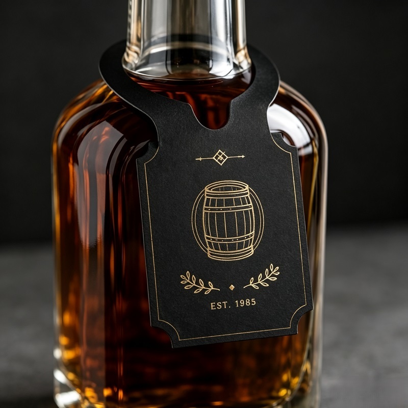 Black Vellum Paper Liquor Neck Tag With Gold Foil For Bottle Packaging