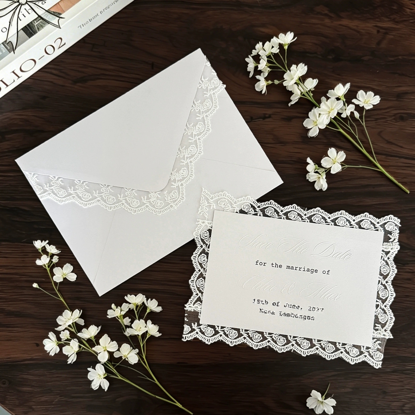 Wedding Invitation Card Sets With Elegant Lace Trim And Embossed Details