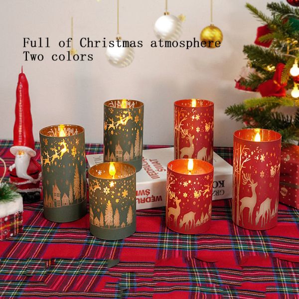 Real Wax LED Candles with Remote Control and Christmas Design in Plated Glass Holder