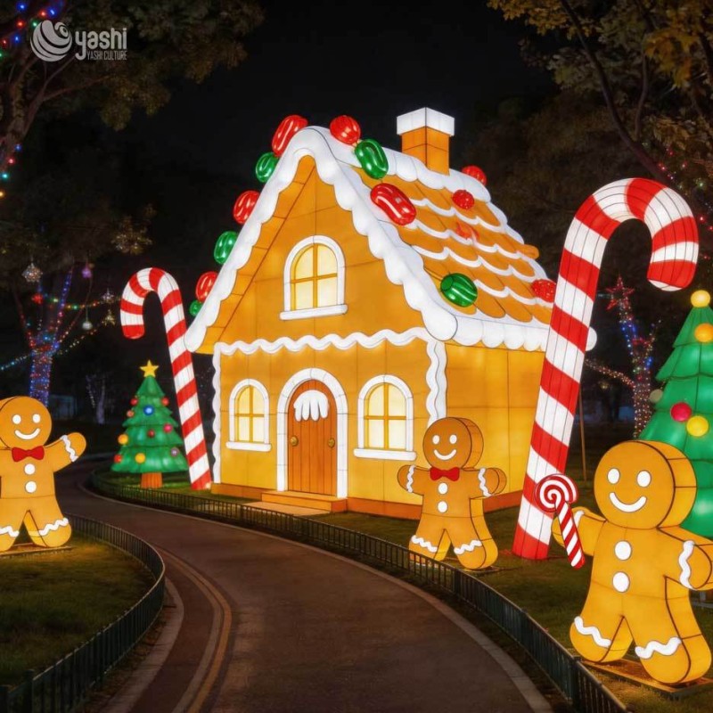 Custom LED Gingerbread House Lantern Set, Outdoor Christmas Gingerbread Man & Candy Cane Light Sculpture for Plaza, Support Customization