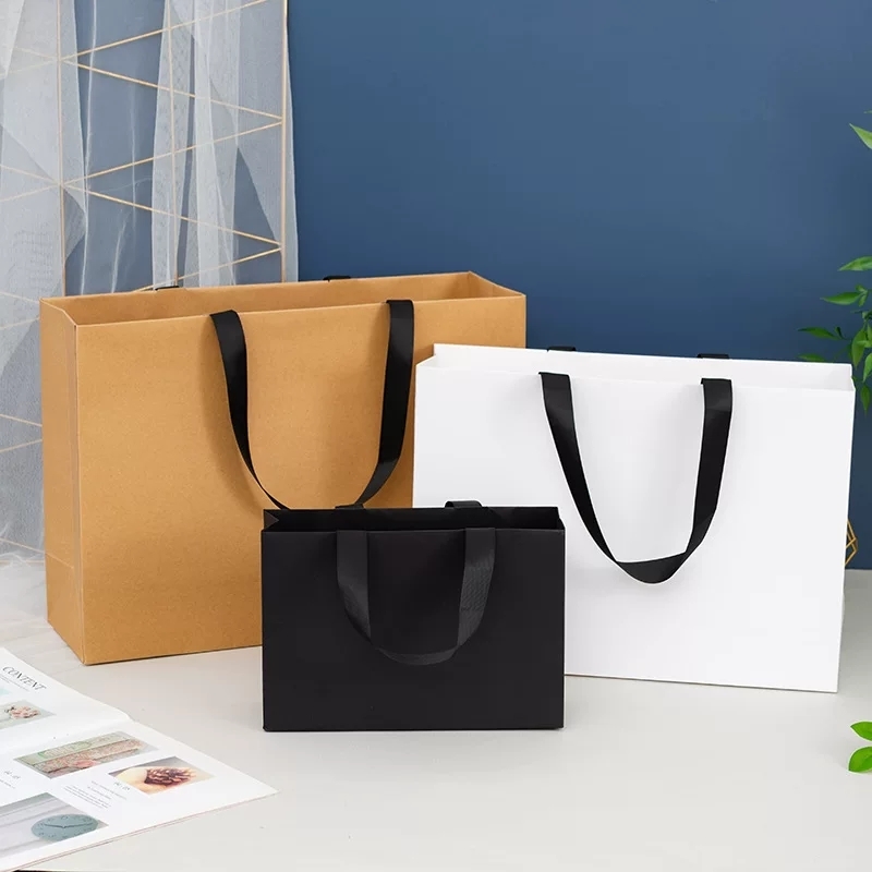 Paper Shopping Bags with Wide Ribbon Handles for Boutique Retail Packaging