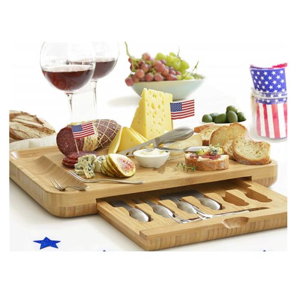Bamboo Wooden Cheese Board With 6 Stainless Steel Cheese Knives & 6 Appetizer Forks