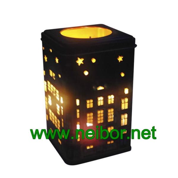 Square shape cookie tin box with hollow cut and secondary use as metal candle holder