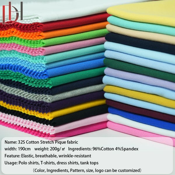 Plain Dyed 96% Cotton 4% Spandex Fabric Summer Business T Shirt Wicking Rib Pique Fabric 200g
