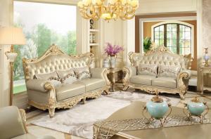 China Luxury Living room Furniture European style Leather Sofa set wood flower by Joyful Ever on sale