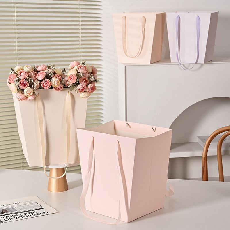 Trapezoidal Paper Flower Bags with Ribbon Handles for Gift Packaging