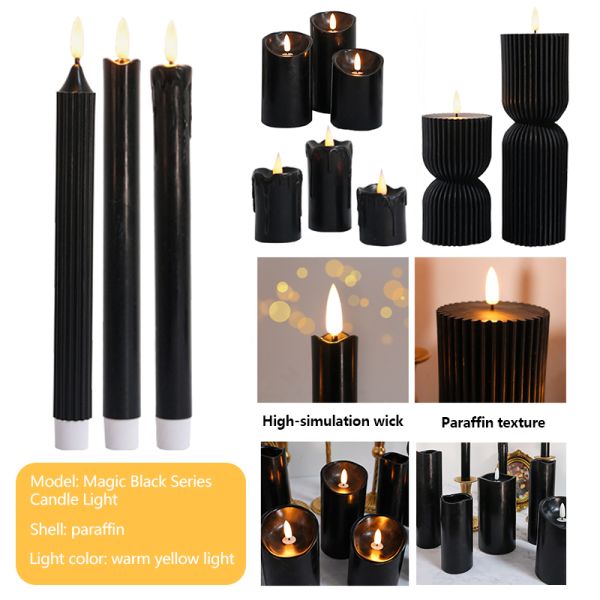 4 5 6 7 8 9 Inch Battery Operated Pillar Candles Black Flickering Flameless Wax Pillar Candles