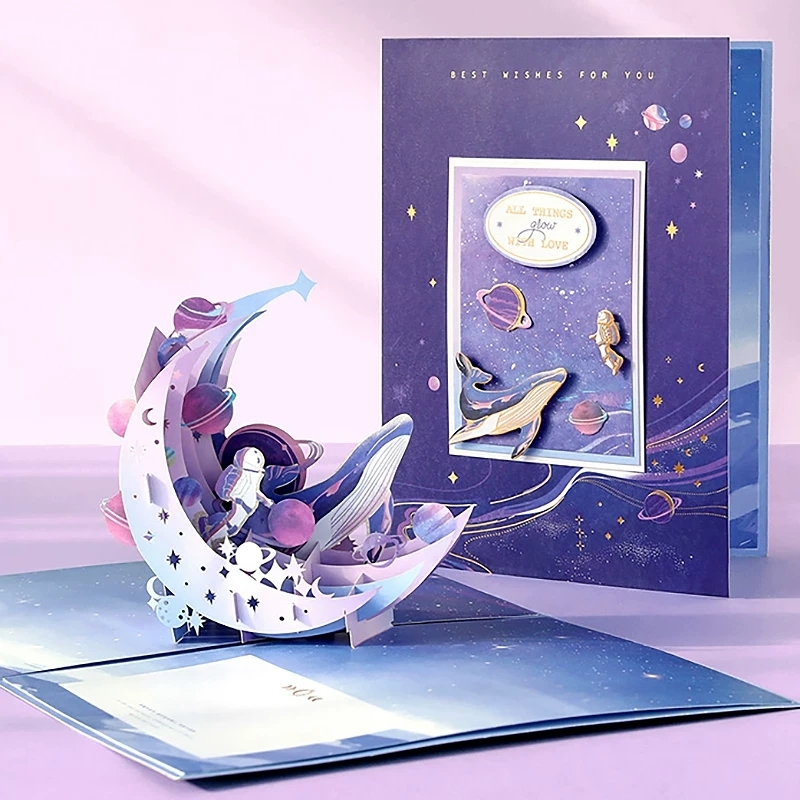 3d Pop Up Greeting Cards With Laser-cut Cosmic Crescent Moon And Whale Motifs