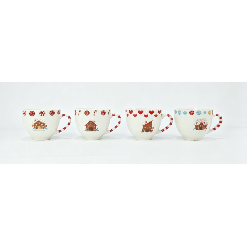 Set of 4 Candy Cane Handle Gingerbread House Ceramic Mugs, Assorted Festive Holiday Gingerbread Coffee Cups for Christmas Gift