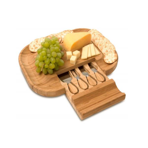 Fancy Bamboo Cheese Board Set No Plastic With Cutlery In Slide - Out Drawer
