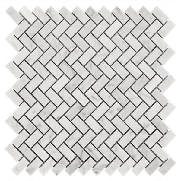 Carrara White Marble Herringbone Mosaic Floor Tile Sheets , Mosaic Marble Tile Backsplash