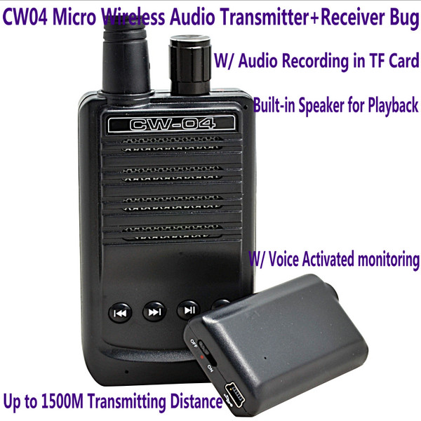 CW04 Mini Wireless Remote Audio Transmitter Receiver Spy Bug W/ Voice Recording