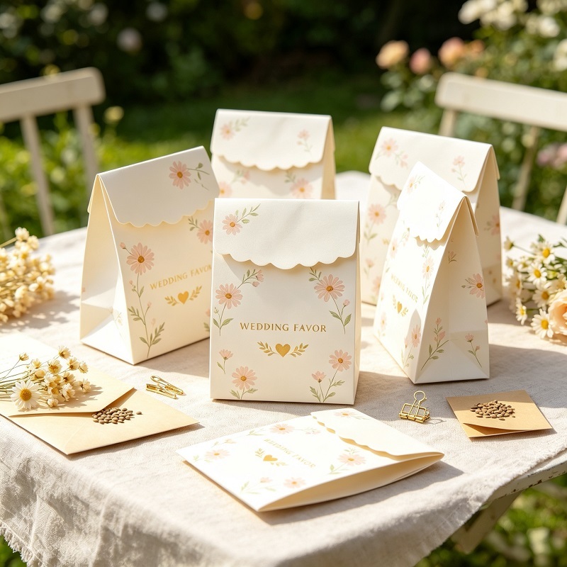 Scalloped flap mini paper favor bags with block bottom for wedding packaging