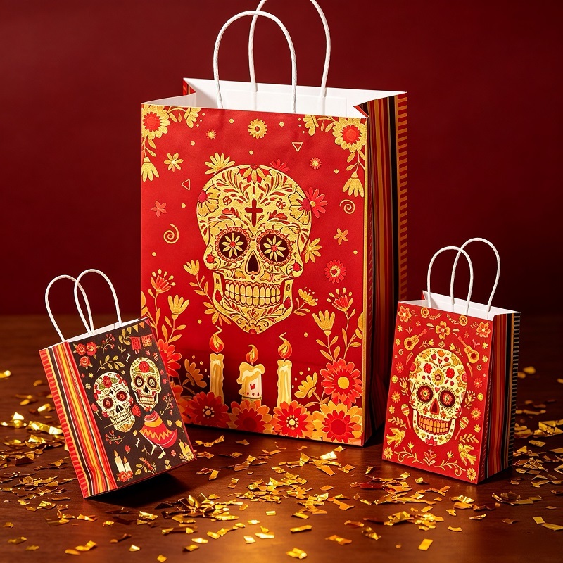 Calavera motif paper treat bags for ofrenda with twisted handles