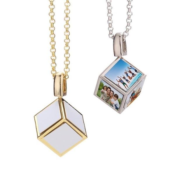 3D Cube Photo Frame Necklace Custom Blank Sublimation Dice Cube Memory Photo Pendant Necklace