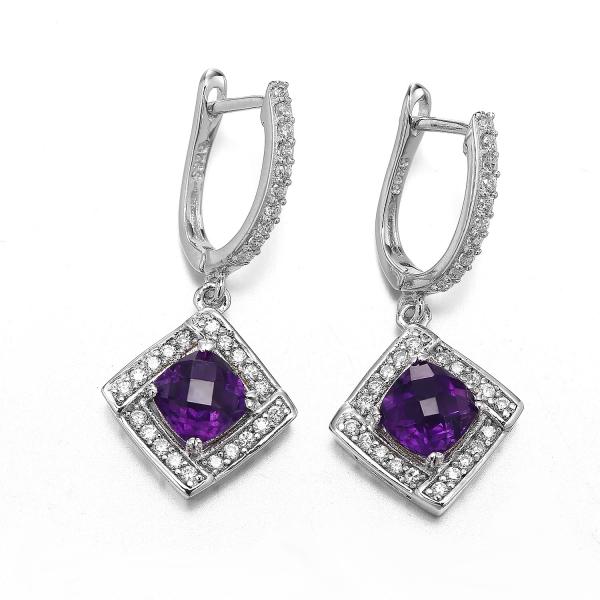 Purple 925 Sterling Silver Gemstone Earrings 2.6g Amethyst Drop Earrings