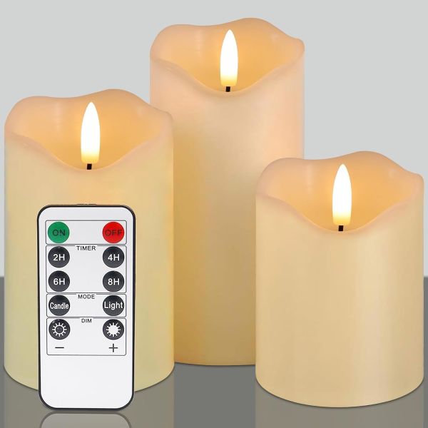 Ivory White Real Wax Electric LED Pillar Flickering Flameless Candles Battery Operated with Remote Set of 3  D3 X H 4 5 6
