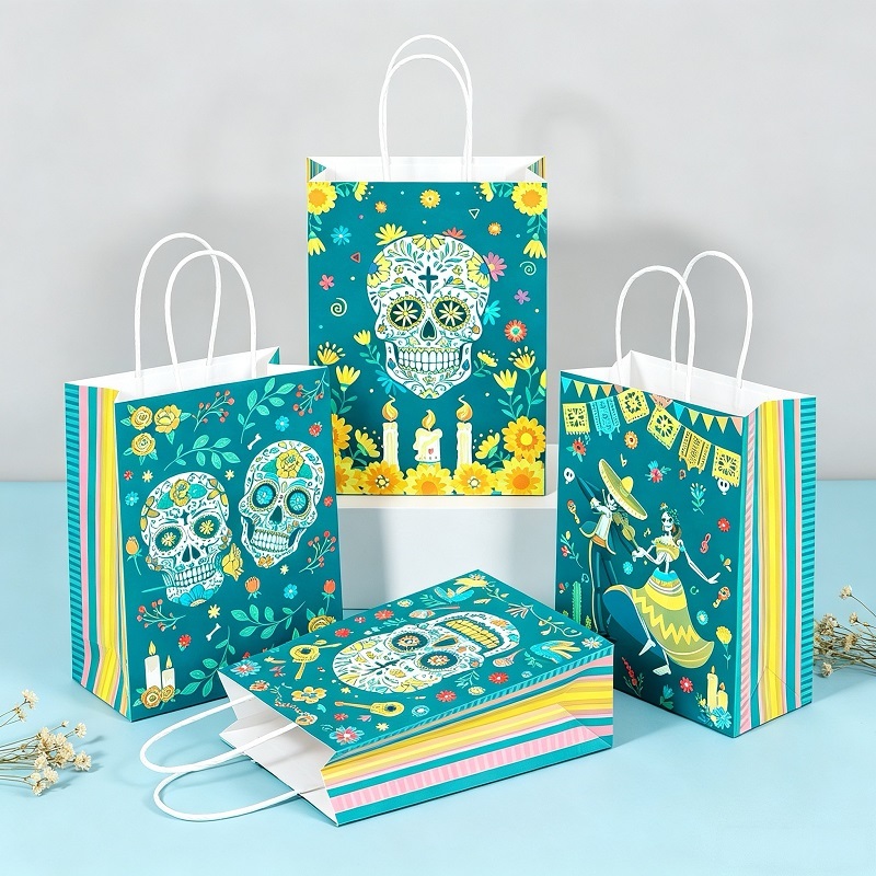 Calavera motif paper treat bags for ofrenda with twisted handles