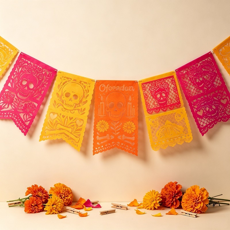 Artisanal papel picado banners for ofrenda with traditional laser cut motifs