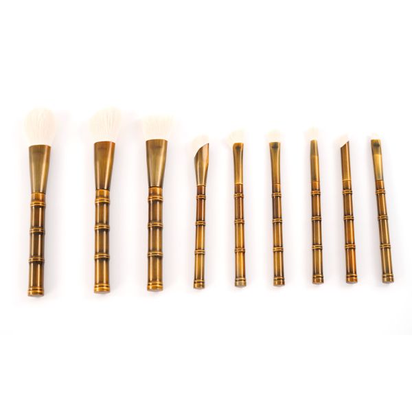 10Pcs Vintage Bamboo Bronze Makeup Brush Set with Electroplated Brushed Texture and Professional Configuration