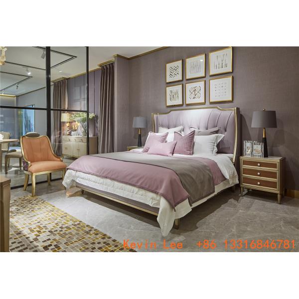 Villa house upholstered headboard by golden painting wood bed with luxury Nightstand for Villa house interior designer