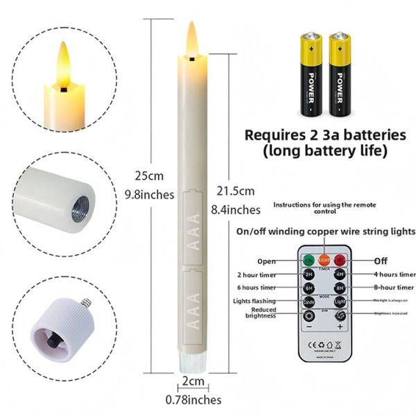 Wholesale Flameless Ivory Taper Candles Flickering with 10-Key Remote, Battery Operated Led Warm 3D Wick Light Window Candles Real Wax Pack of 6, Christmas Home Wedding Decor(0.78 X 9.64 Inch)