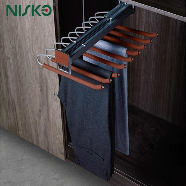 Top Mount Pull Out Pants Rack Retractable Soft Closing With Leather Bar
