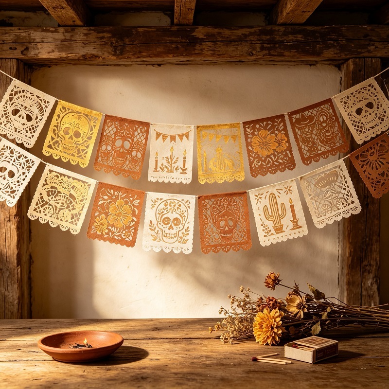 Artisanal papel picado banners for ofrenda with traditional laser cut motifs