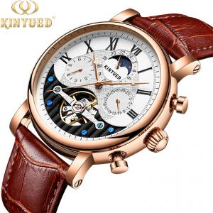 Cheap KINYUED Factory Customized Clock Movement Moon Phase Leather Strap Watch Mens Automatic Watch for sale