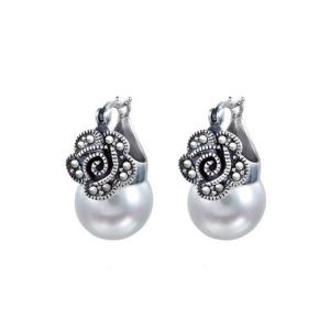 Cheap Vintage Silver Marcasite Drop Earrings with White Simulated Shell Pearl (E12141) for sale